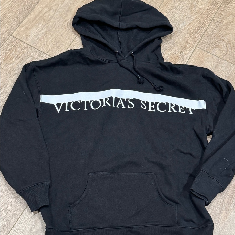 Victoria's Secret Black Hoodie with White Logo Stripe New! M
